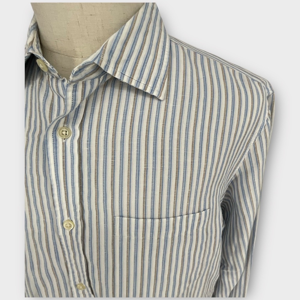 Banana Republic Mens Classic Stripe Linen Cotton Button Down Shirt XL Blue Taupe - Picture 5 of 9